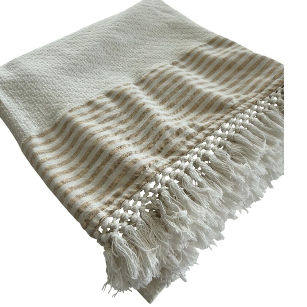 Lilly Pulitzer Gold Stripe Fringe Cotton Throw Blanket White 66x66 Square Resort